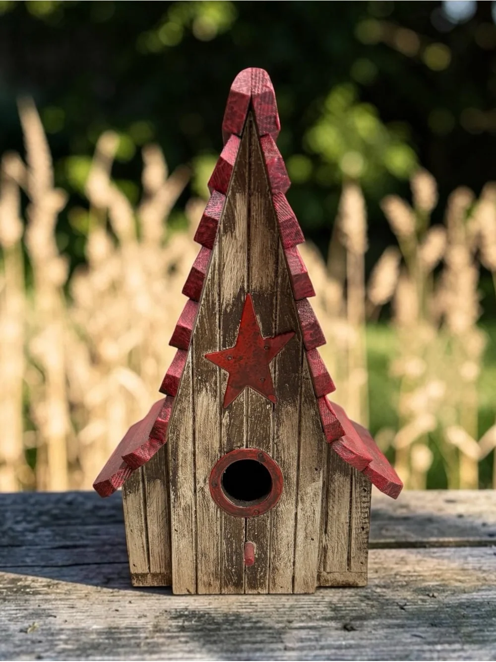 CURATED Rustic Wooden Birdhouse with Red Star